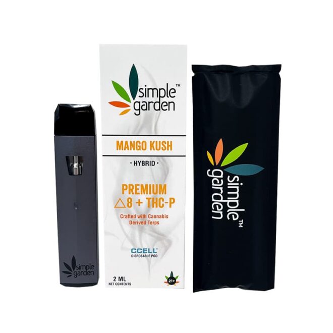 2ml Mango Kush Delta 8 + THC-P disposable vape sold online by Simple Garden.