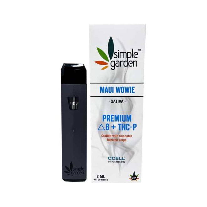 2ml Maui Wowie Delta 8 + THC-P disposable vape sold online by Simple Garden.