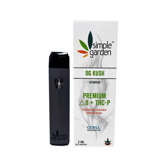 2ml OG Kush Delta 8 + THC-P disposable vape sold online by Simple Garden.