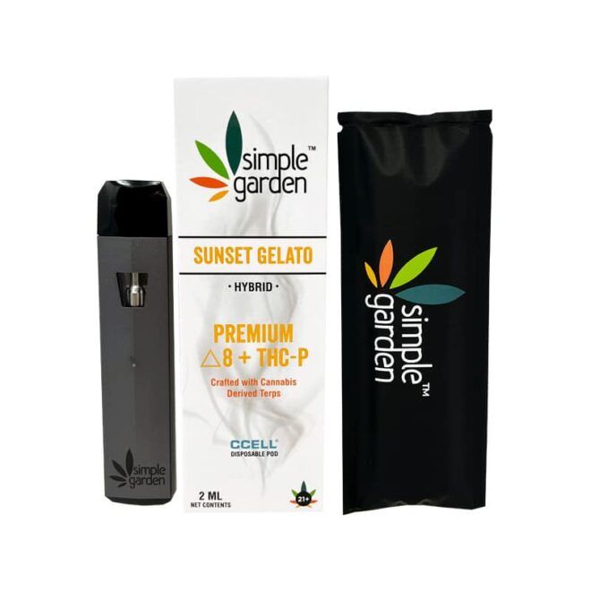 2ml Sunset Gelato Delta 8 + THC-P disposable vape sold online by Simple Garden.