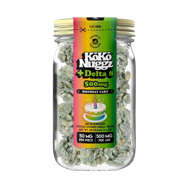 Jar of 500mg Birthday Cake Koko Nuggz Delta 8 THC Edibles for sale online by Simple Garden.