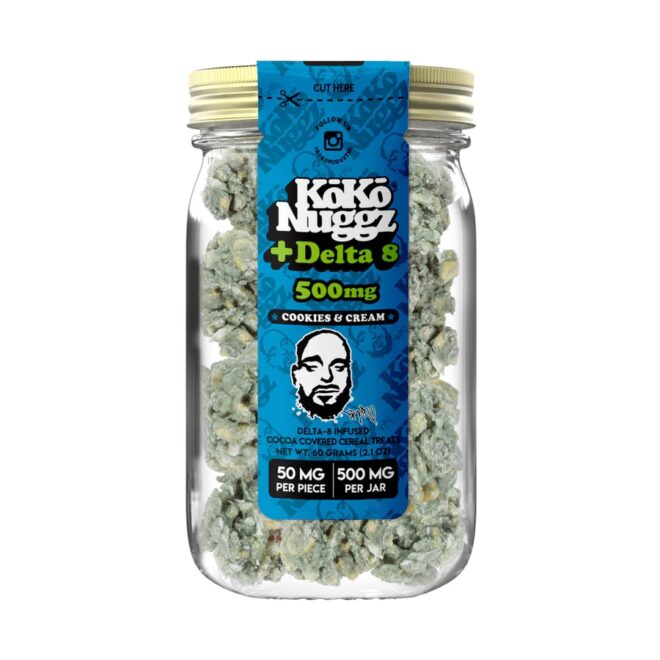 Jar of 500mg Cookies & Cream Koko Nuggz Delta 8 THC Edibles for sale online by Simple Garden.