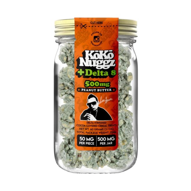 Jar of 500mg Peanut Butter Koko Nuggz Delta 8 THC Edibles for sale online by Simple Garden.