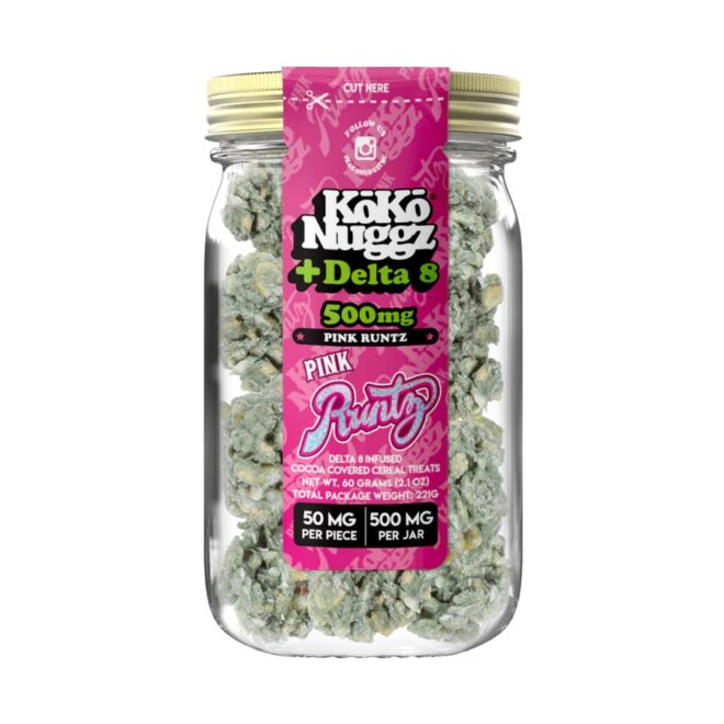 Jar of 500mg Pink Runtz Koko Nuggz Delta 8 THC Edibles for sale online by Simple Garden.