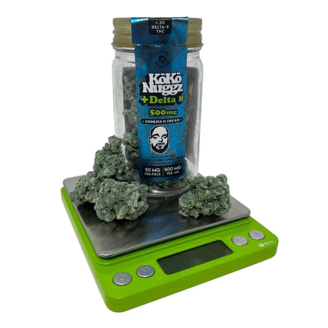 Cookies & Cream Delta 8 THC Koko Nuggz Edibles on scale.