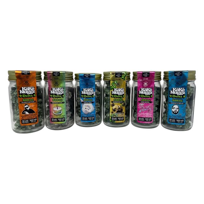 Six jars of Koko Nuggz Delta 8 Edibles sold by Simple Garden.