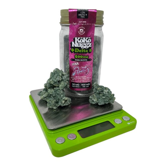 Pink Runtz Delta 8 THC Koko Nuggz Edibles on scale.