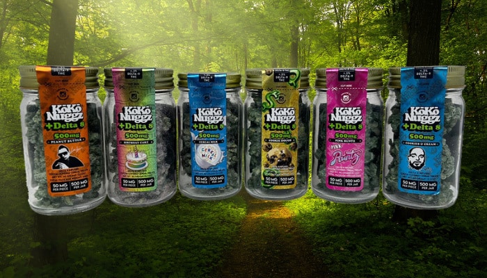 Six jars of Aurora KoKo Nuggz Delta 8 THC Chocolate Edibles bought online through the Simple Garden website.