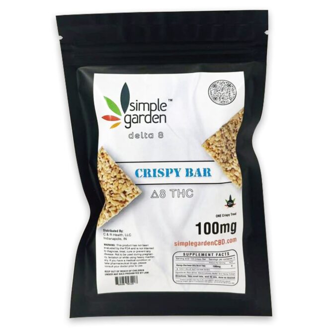 Front packaging of Crispy Bar Delta 8 THC edibles sold by Simple Garden.