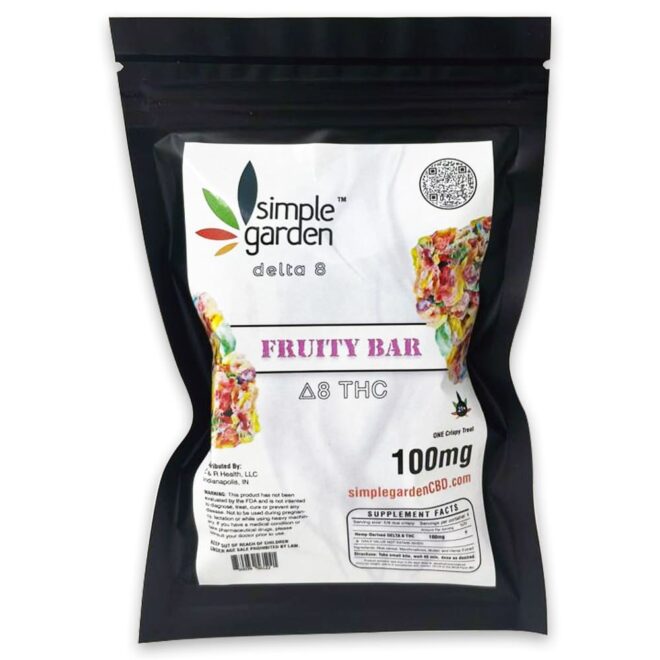 Front packaging of Fruity Bar Delta 8 THC edibles sold by Simple Garden.