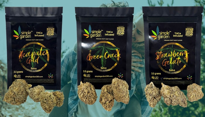 Three varieties of Glendale THC-a flower sold by Simple Garden.