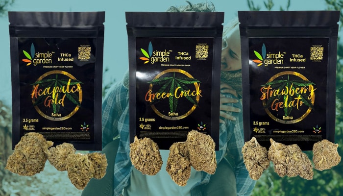 Three varieties of Long Beach THC-a flower sold by Simple Garden.