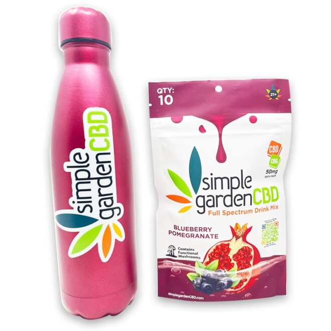 Blueberry Pomegranate 10-Count Full Spectrum Drink Mix Pack next to water bottle.