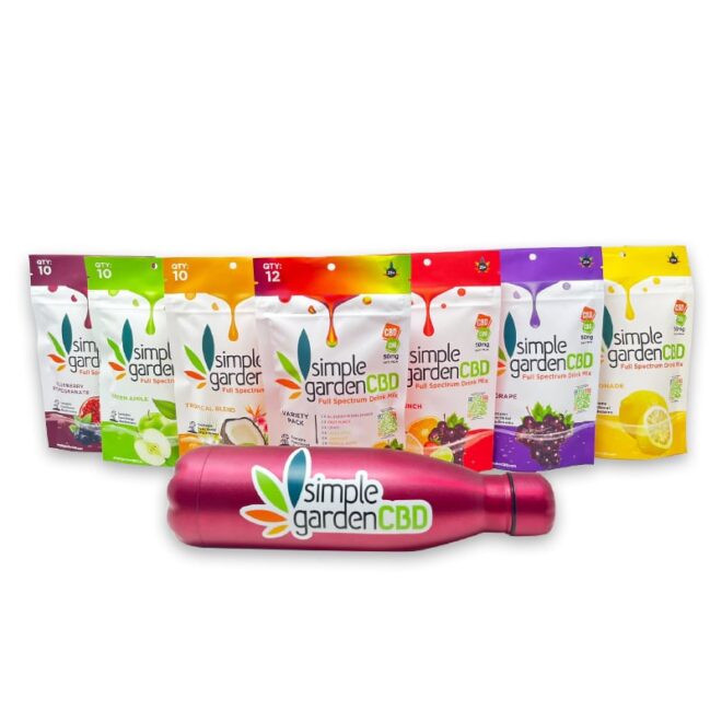 10 and 12-count Full Spectrum Drink Mix packs sold by Simple Garden CBD.