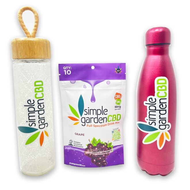 Grape 10-Count Full Spectrum Drink Mix Pack between two water bottles.