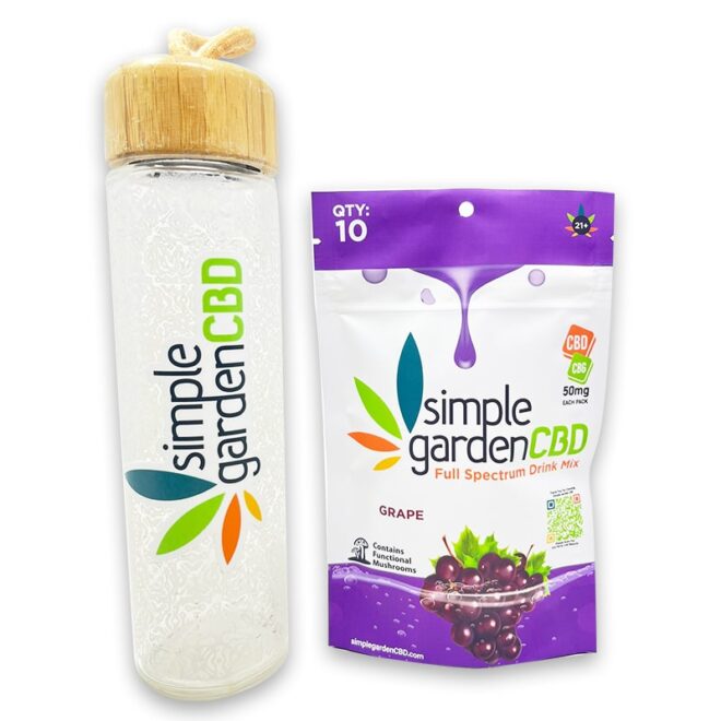 Grape 10-Count Full Spectrum Drink Mix Pack next to water bottle.