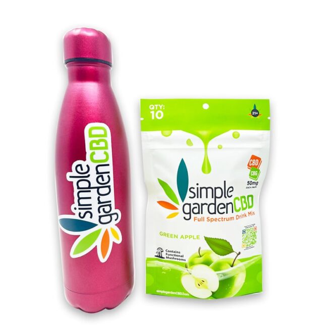 Green Apple 10-Count Full Spectrum Drink Mix Pack next to water bottle.
