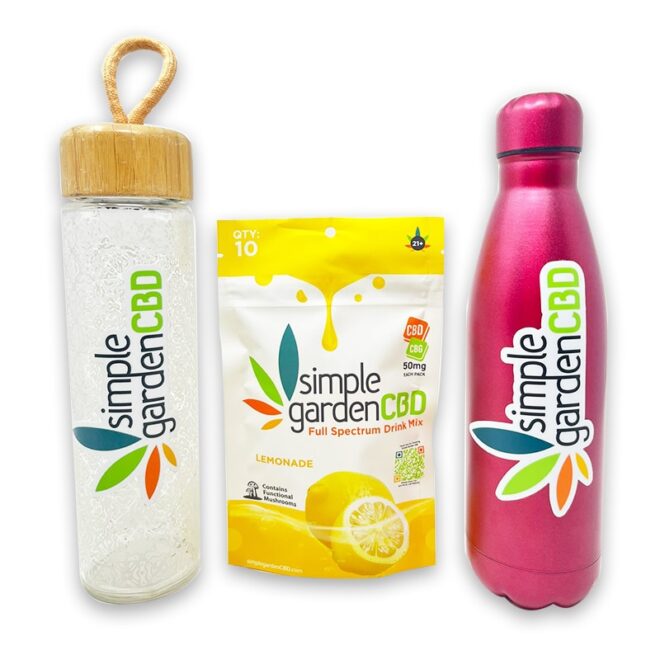 Lemonade 10-Count Full Spectrum Drink Mix Pack between two water bottles.