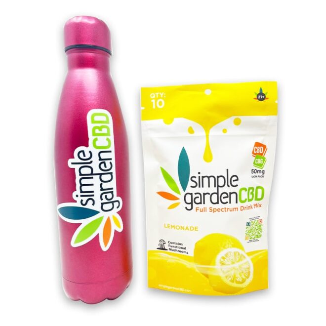 Lemonade 10-Count Full Spectrum Drink Mix Pack next to water bottle.
