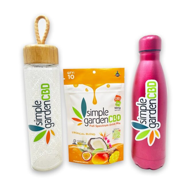 Tropical Blend 10-Count Full Spectrum Drink Mix Pack between two water bottles.