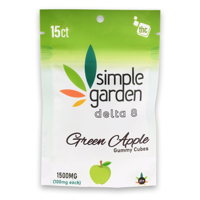 100mg Green Apple Delta 8 Gummies 15 count front packaging.