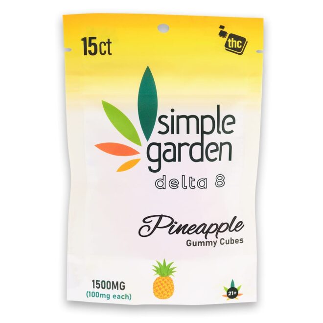 100mg Pineapple Delta 8 Gummies 15 count front packaging.