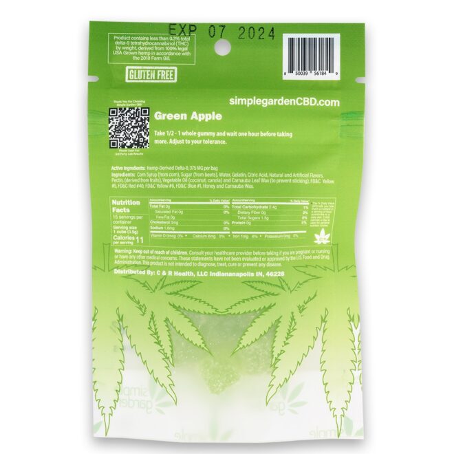 25mg Green Apple Delta 8 Gummies 15 count back packaging.