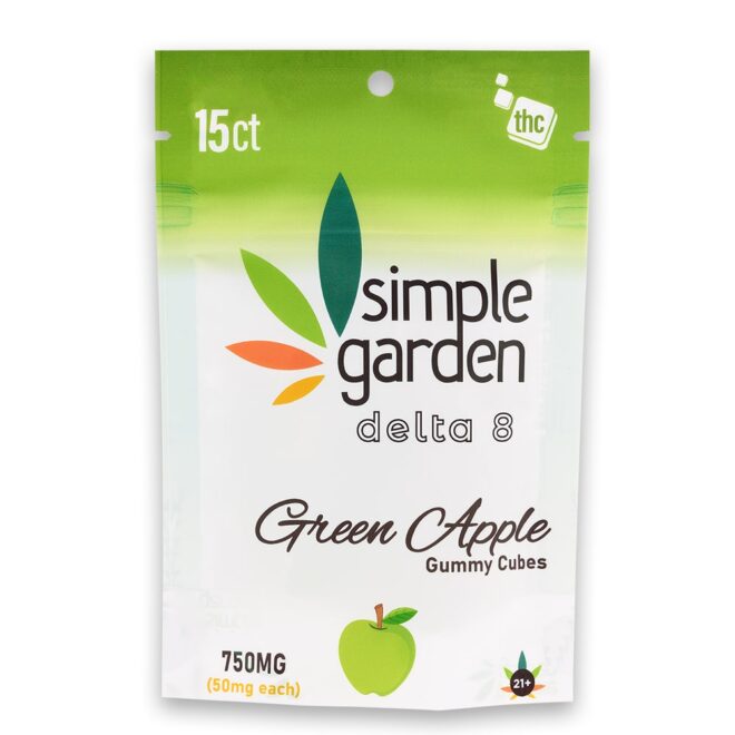 50mg Green Apple Delta 8 Gummies 15 count front packaging.