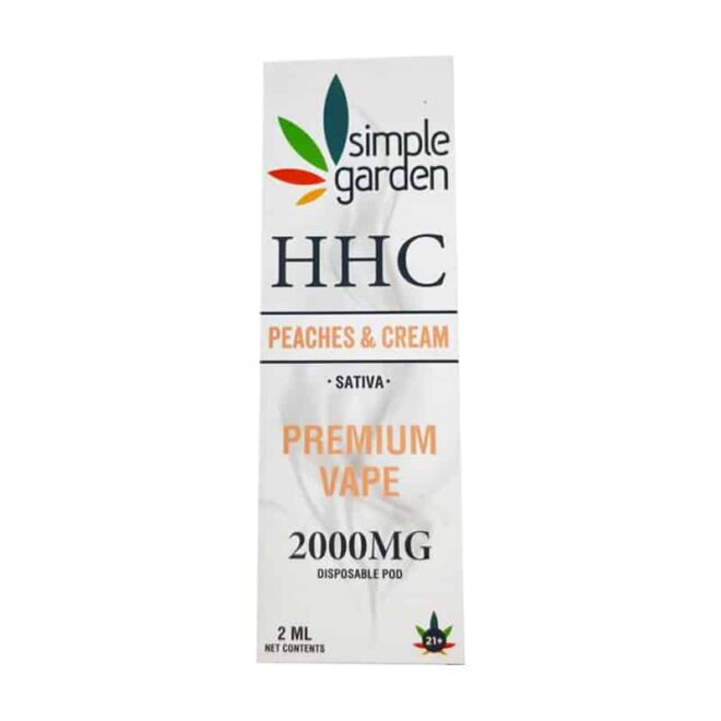 Front packaging of the Peaches & Cream HHC Disposable Vape sold by Simple Garden.
