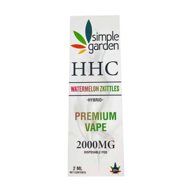 Front packaging of the Watermelon Zkittles HHC Disposable Vape sold by Simple Garden.