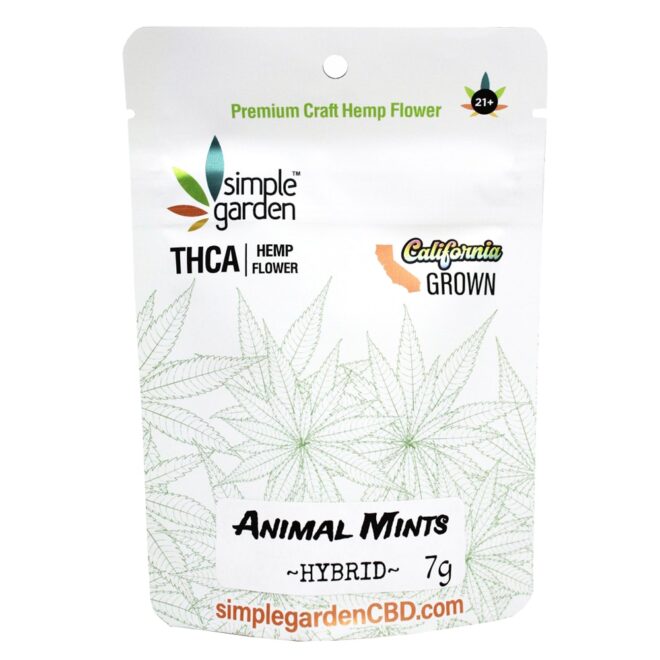 Front of 7g Animal Mints THCa Flower sold by Simple Garden.