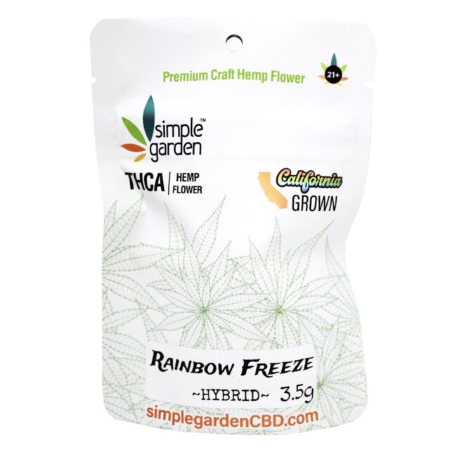 Front of 3.5g Rainbow Freeze THCa Flower sold by Simple Garden.