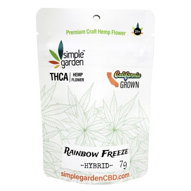 Front of 7g Rainbow Freeze THCa Flower sold by Simple Garden.