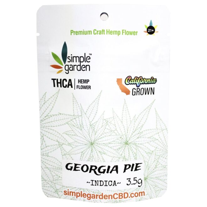 Front of 3.5g Georgia Pie THCa Flower sold by Simple Garden.