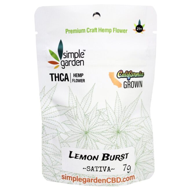 Front of 7g Lemon Burst THCa Flower sold by Simple Garden.