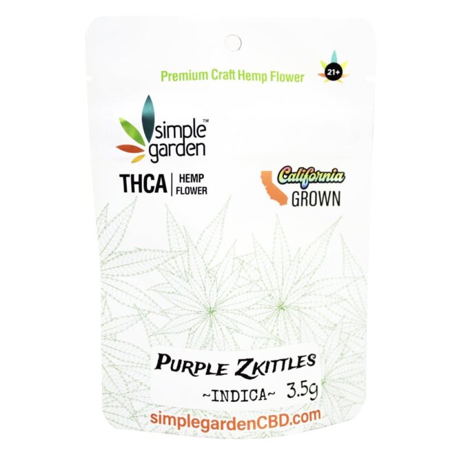 Front of 3.5g Purple Zkittles THCa Flower sold by Simple Garden.