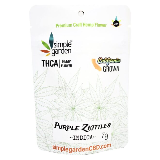 Front of 7g Purple Zkittles THCa Flower sold by Simple Garden.
